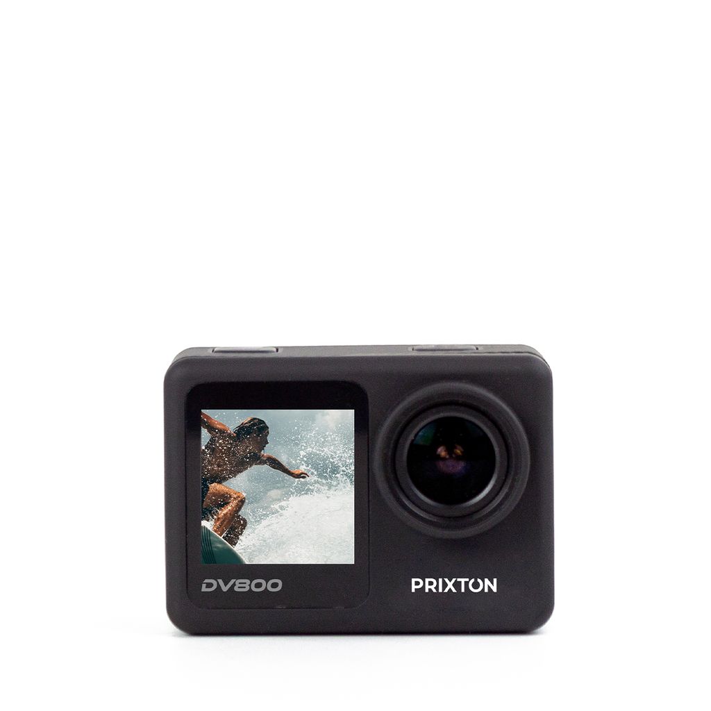 PRIXTON Action-Kamera DV800 | Sportkamera mit 5K-Auflösung, Doppelbildschirm, WLAN und Mobile App, Optischer Stabilisator, MultiSport