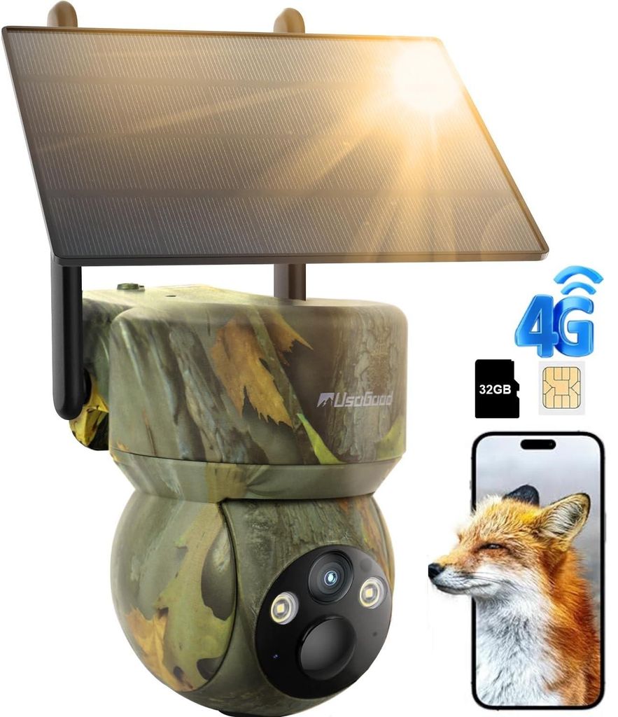 usogood 4G LTE Wildkamera Solar 360° 2K Wildkamera mit Handyübertragung App Wildtierkamera mit SIM-Karte 32 G Speicherkarte Bewegungsmelder Nacht...