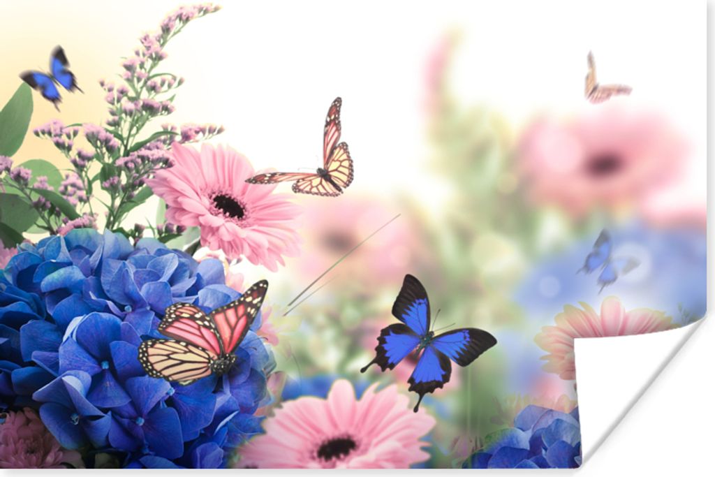 MuchoWow Poster Schmetterlinge - Blumen - Hortensie - Insekten 90x60 cm - Schlafzimmer