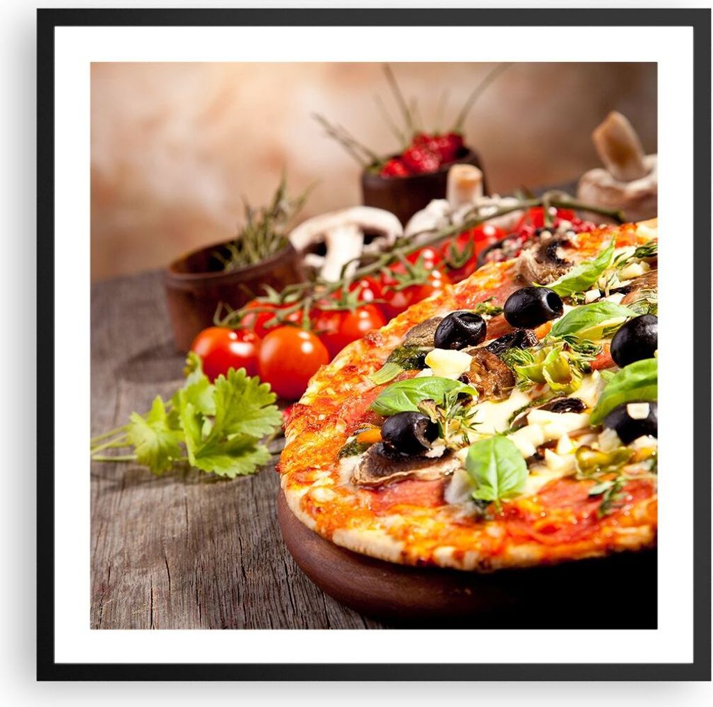 Gerahmtes Poster - Schwarzer Rahmen - Pizza Essen Italien Tradition - 60x60 cm - Wand Bild - Wanddeko - Wandbilder - Wandposter - Bilderrahmen - Bi...