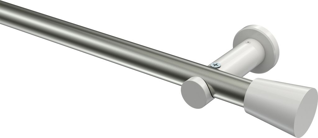Interdeco Gardinenstange / Vorhangstange Edelstahl-Optik / Weiß, Typ Platon Sitra (Konus) ohne Ringe, 20 mm Ø 1-läufig, 260 cm
