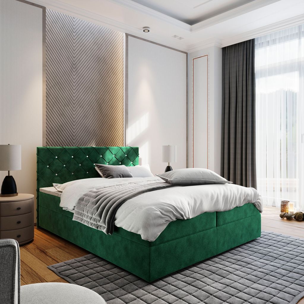 Masseno Boxspringbett RIVA 180x200 cm Komplett-Set mit Bonell Matratze und Topper, Polsterbett mit Bettkästen -Grün, MAGIC VELVET 2225