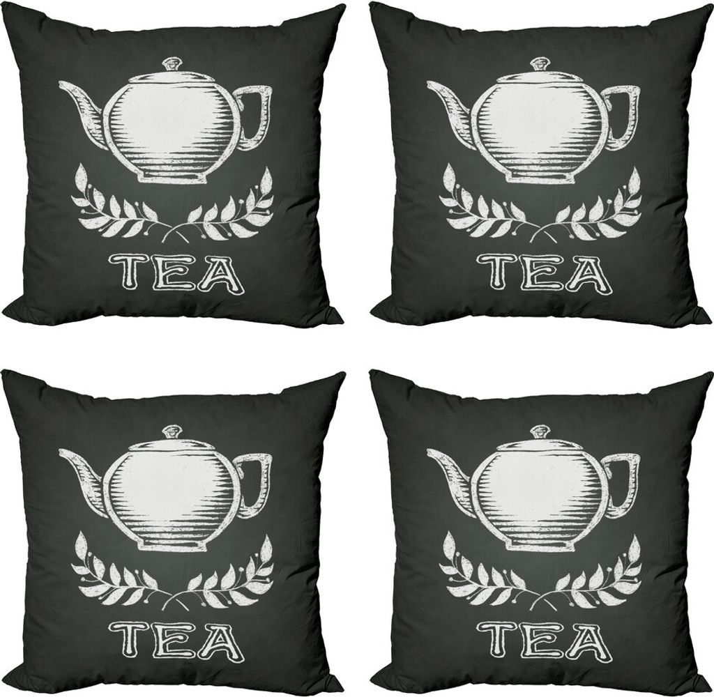 ABAKUHAUS Tee Kissenbezug Set (4 Stück), Teekanne Blatt Zweige Tafel, Moderner Doppelseitiger Digitaldruck, 40 cm x 40 cm, Charcoal Grau Weiß