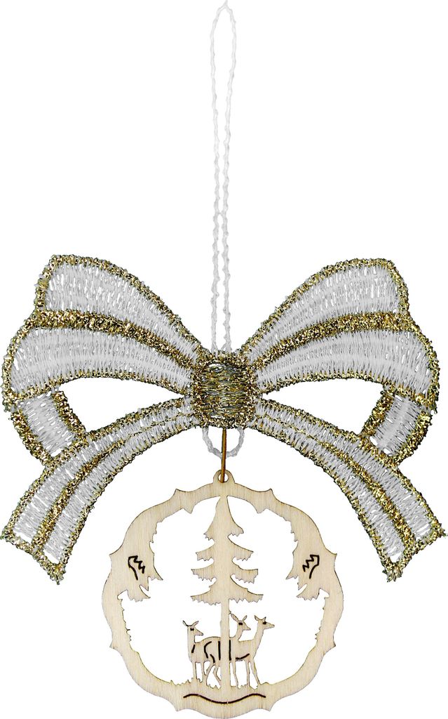 Baumbehang Schleife Weiß/Gold, 10 cm, 6 Stück, Plauener Spitze gepaart mit erzgeb. Holzkunst, Rehe