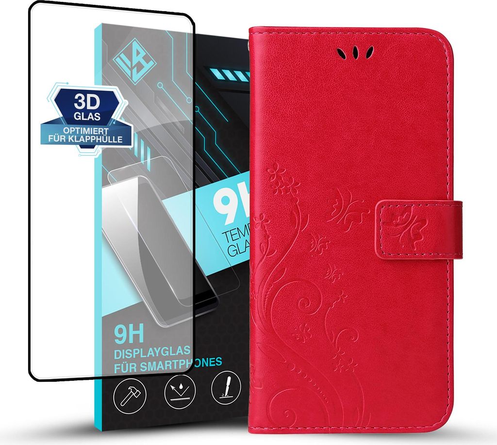 Handyhülle für Huawei P20 Pro mit 9H Displayglas Floral Blumen Schmetterling Flip Cover Hülle Case Klapphülle Handytasche Farbe: Rot