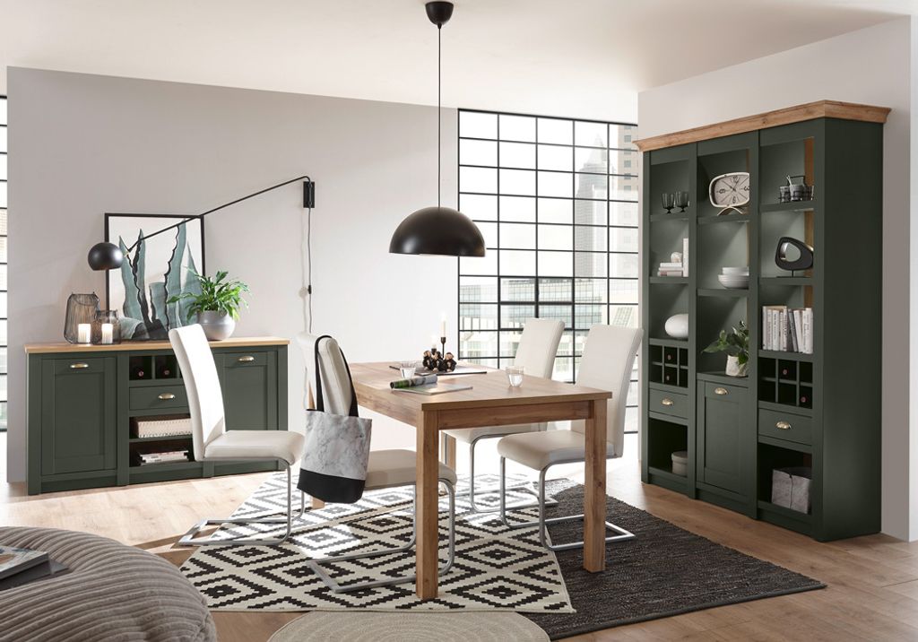 Landhaus Esszimmer-Set Buffet, Anrichte & Esstisch CINCINNATI-61 in grün mit Wotaneiche inkl. LED