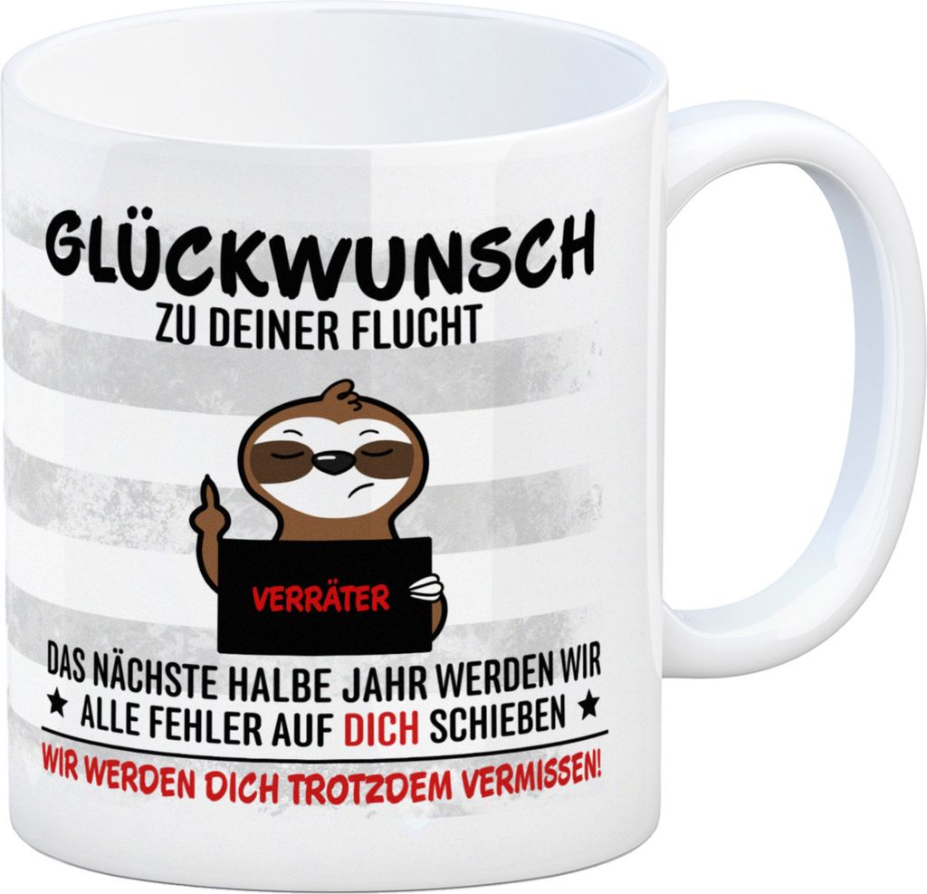 Glückwunsch zur Flucht, Verräter Mittelfinger Kaffeebecher mit Faultier
