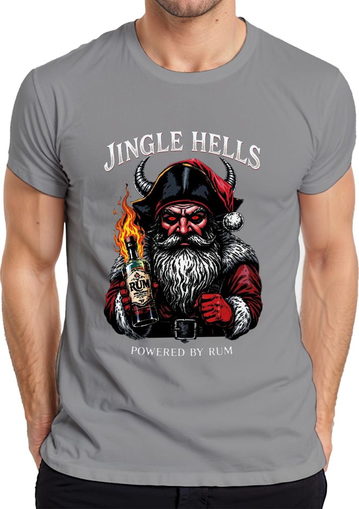 Jingle Hells Powered by Rum Santa horned flaming bottle Christmas Herren T-Shirt, Grau, XL