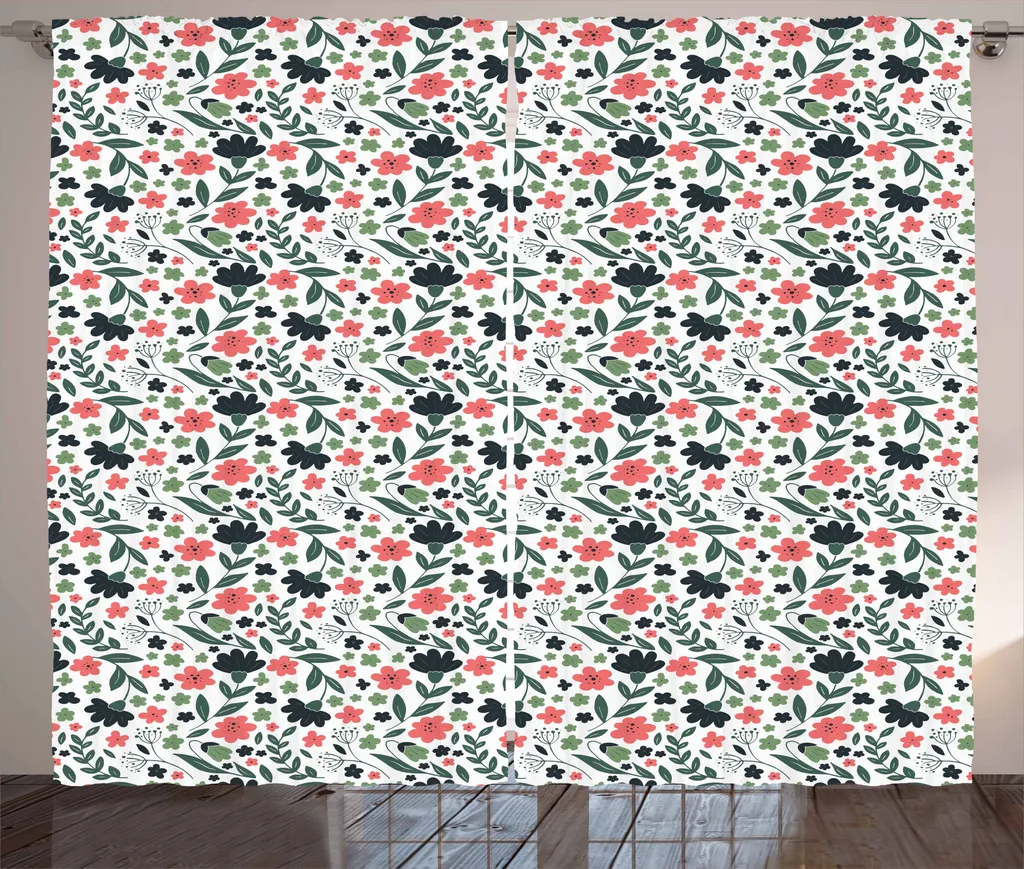 ABAKUHAUS Primavera Tenda rustica, Motivi botanici astratti colorati, Tenda con passanti e ganci per camera da letto, 280 x 175 cm, Verde reseda Verde scuro