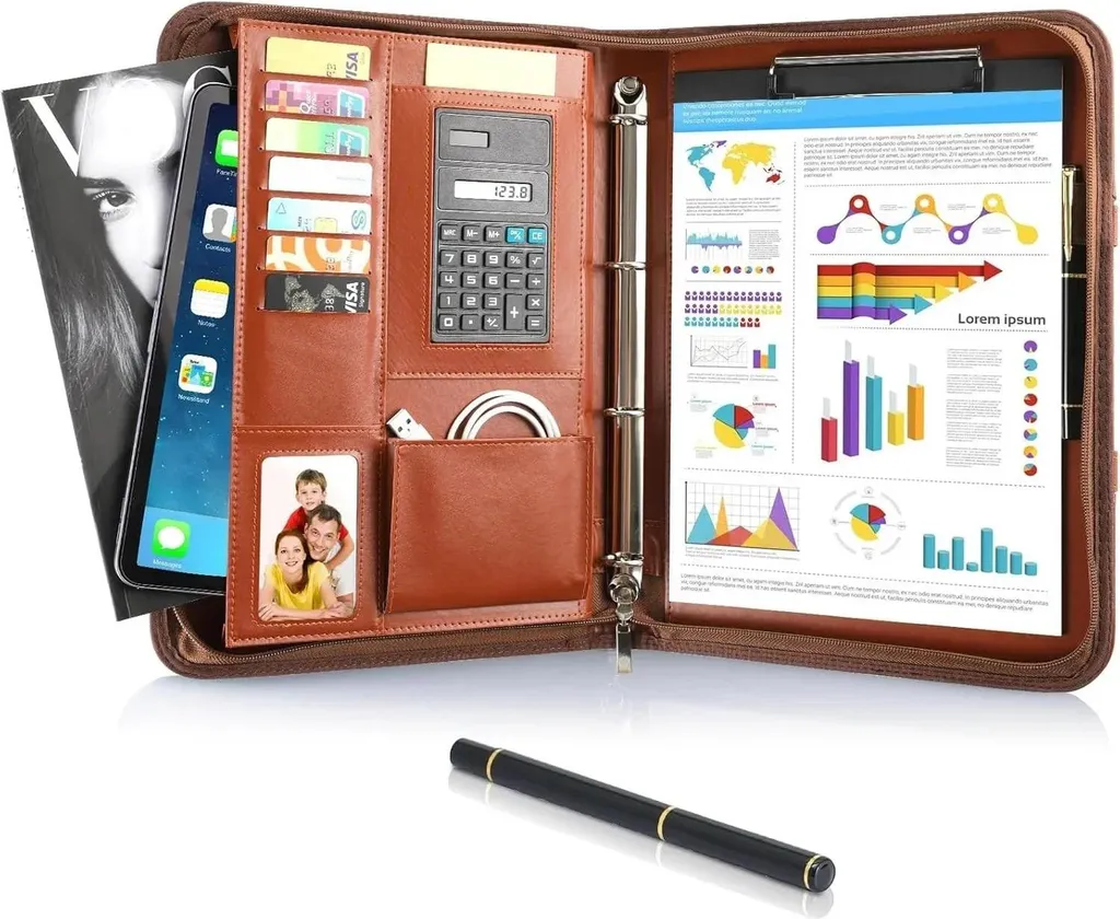 Cartella portadocumenti A4 - Cartella per conferenze - Pelle finta - Impermeabile - Con zip - Con blocco note - 27x21 cm - Marrone