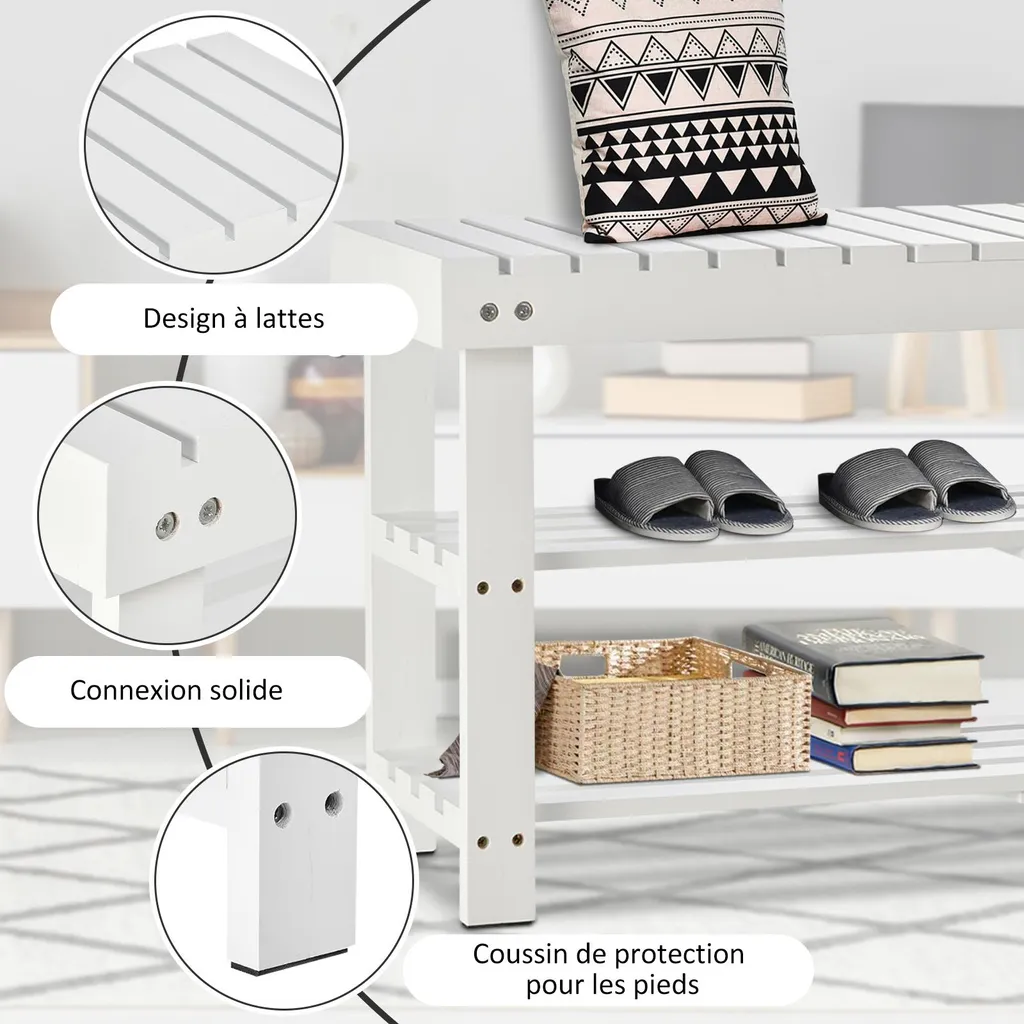 Meuble range-chaussures assise bois blanc 90cm avec coffre de rangement - 7