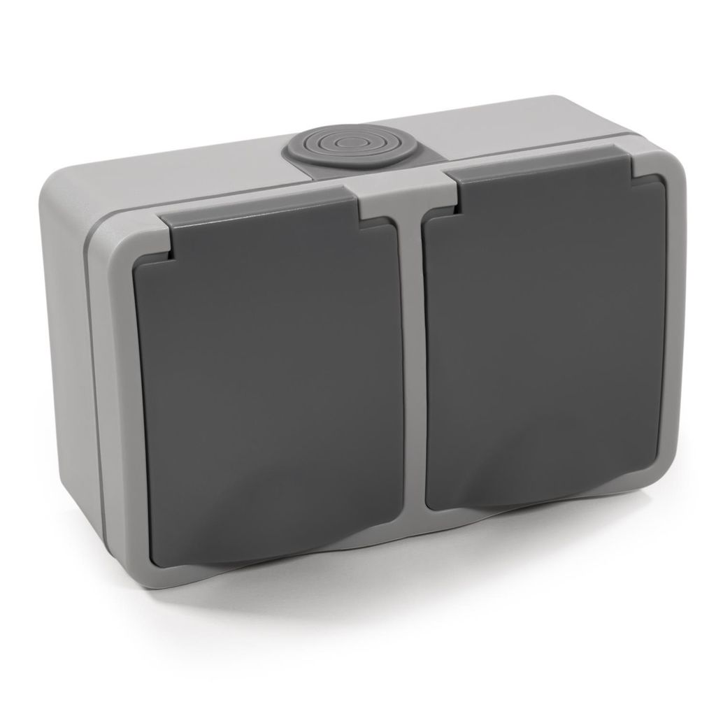 A product shot of a gray double outdoor electrical socket with flip covers, set against a white background.