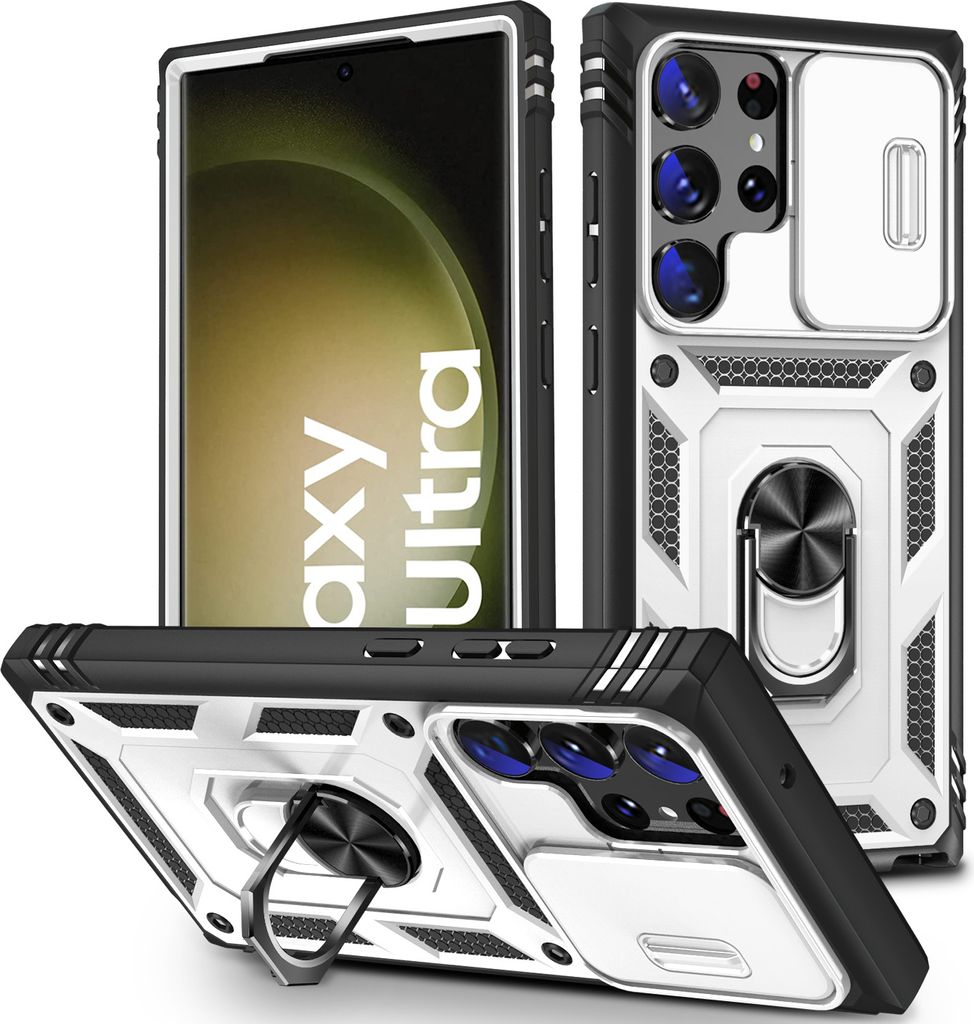 Galaxy S23 Ultra Hülle, Schiebe Kamera Schutz Robust Rüstung Schutzhülle mit Ringhalterung Ständer Kartenhalter für Samsung Galaxy S23 Ultra W...