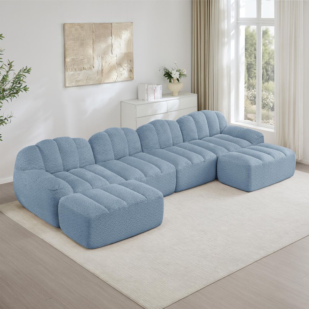Modulares U-Form Sofa 4-Sitzer, 2 Ottomans, Muschelform, Boneless, 32D Hochdichtschaum, tiefe Sitzfläche, weicher Stoff, Wohnzimmer