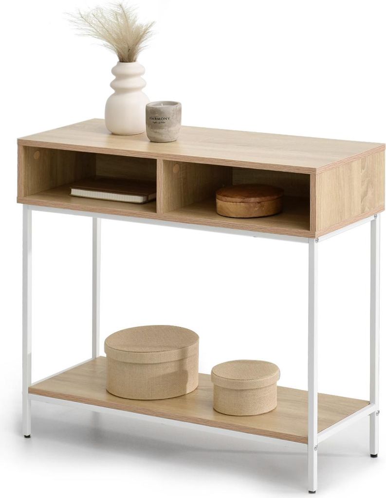 A console table with decorative items on it and below it, set against a white background.