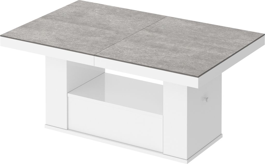 Design Couchtisch Tisch HM-111 Beton - Weiß Hochglanz Schublade höhenverstellbar ausziehbar Esstisch