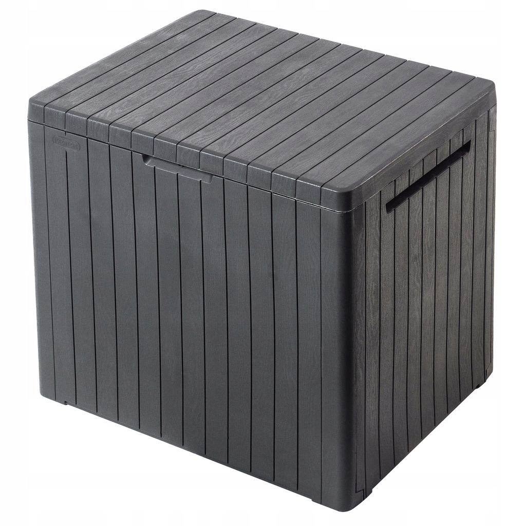 A dark gray storage box with a slatted lid and sides, shown from a three-quarter angle against a white background.