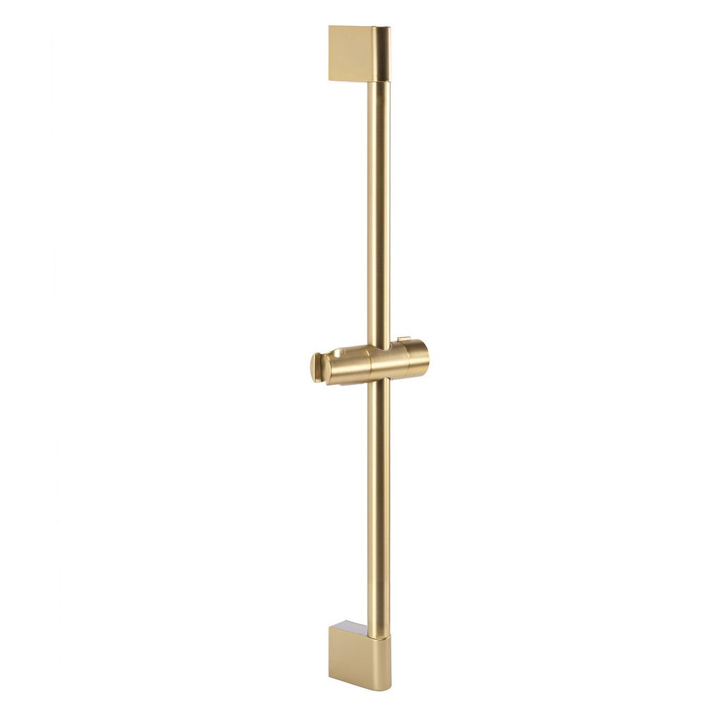 A gold shower slide bar with a holder.