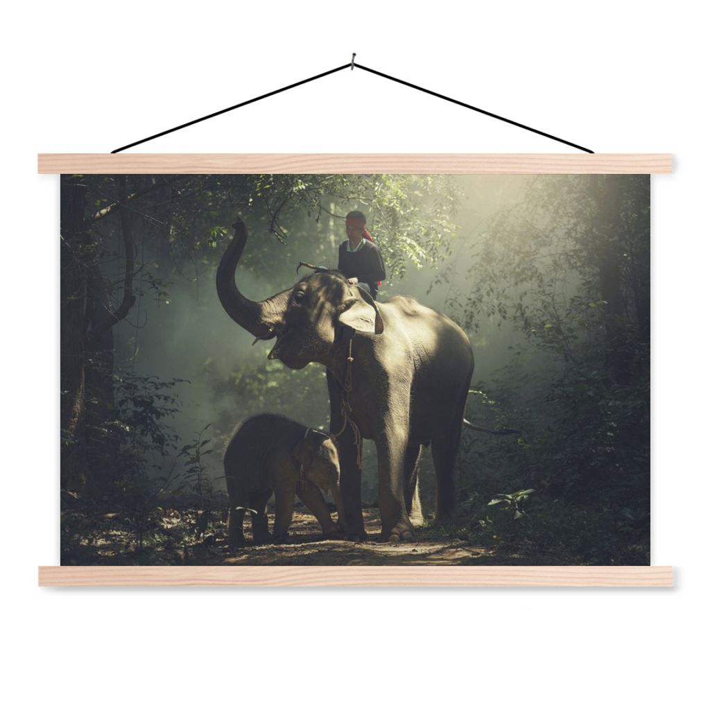 MuchoWow Textilposter Elefant - Wald - Bäume - Tiere - Trainer 120x80 cm mit holzfarbenen Rahmen - Aufhängeset