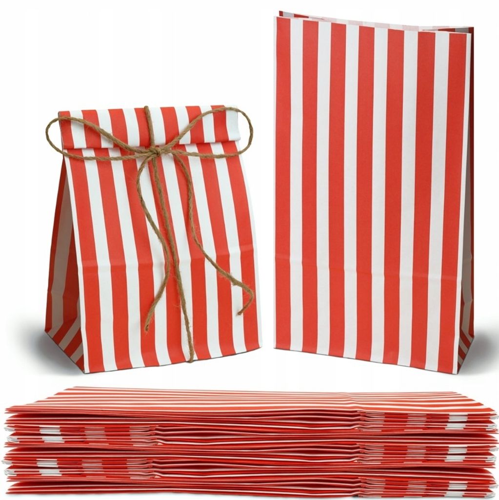 Rote & Weiße Papiertüten 16×8×27 cm – Umweltfreundliche Geschenk- & Popcorn-Tüten, 50 Stück