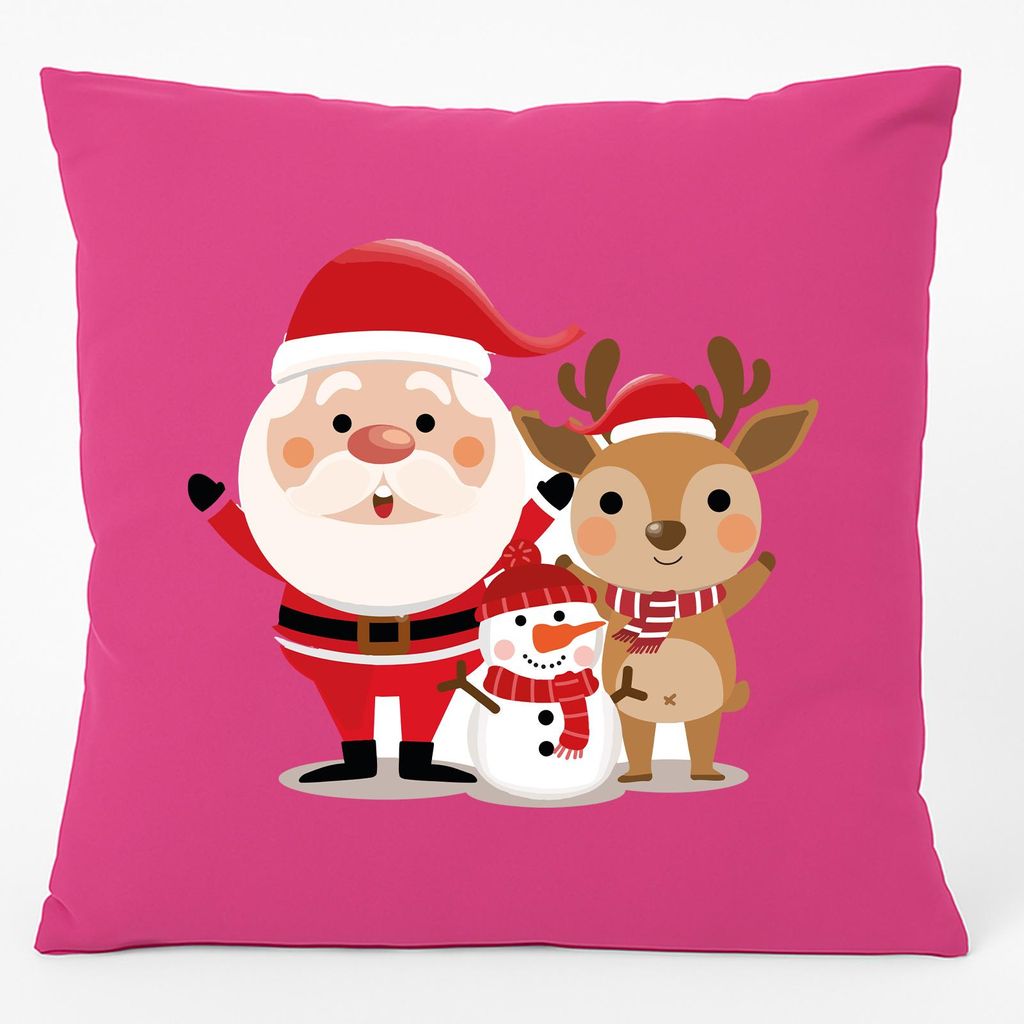 Huuraa Kissen Weihnachtsmann Rudolph und Schneemann 40x40cm mit Füllung Fuchsia Baumwolle Dekokissen Geschenkidee