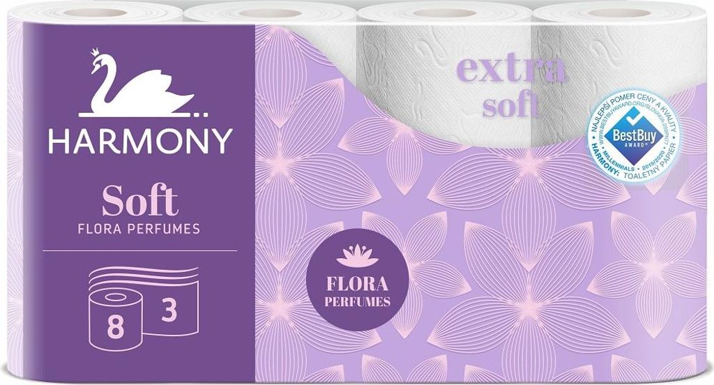 Toaletný papier 3-vrstvový Harmony Soft FLORA Parfumes biely, návin 16,8 m (8 ks)
