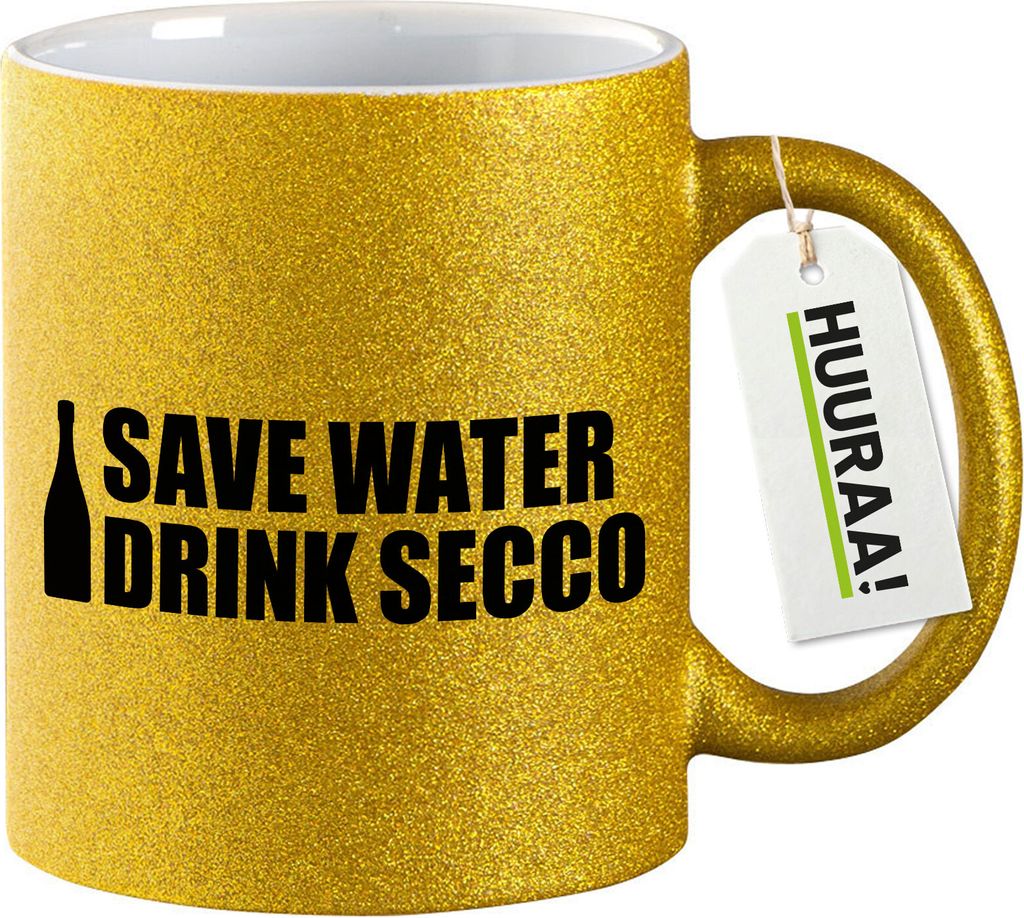 Huuraa Glitzertasse Save Water Drink Secco Sektflasche 330ml Gold Keramik Kaffeebecher Geschenkidee
