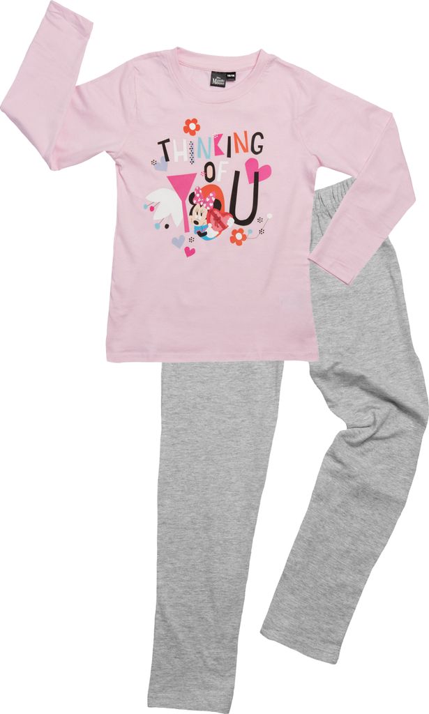 Disney Minnie Mouse Schlafanzug für Mädchen - Thinking of you Kinder Pyjama Set Langarm Oberteil mit Hose Rosa/Grau 110-116