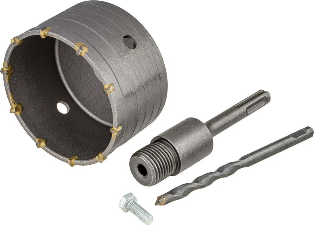 A set of concrete drilling tools including a core drill bit, an adapter, and a pilot drill bit, arranged on a white background.