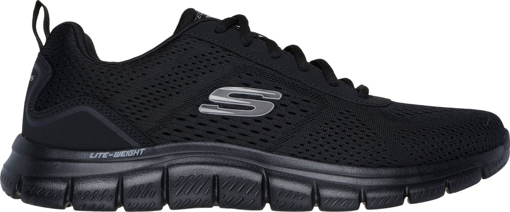 A side view of a black Skechers shoe against a white background.