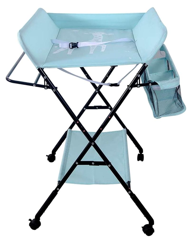 Klappbare Baby Wickelkommode, Wickeltisch mit Ablageflächern, Rollen, Kissen mit Höhenskala, 80 × 66 × (92-95-98) cm, Grün