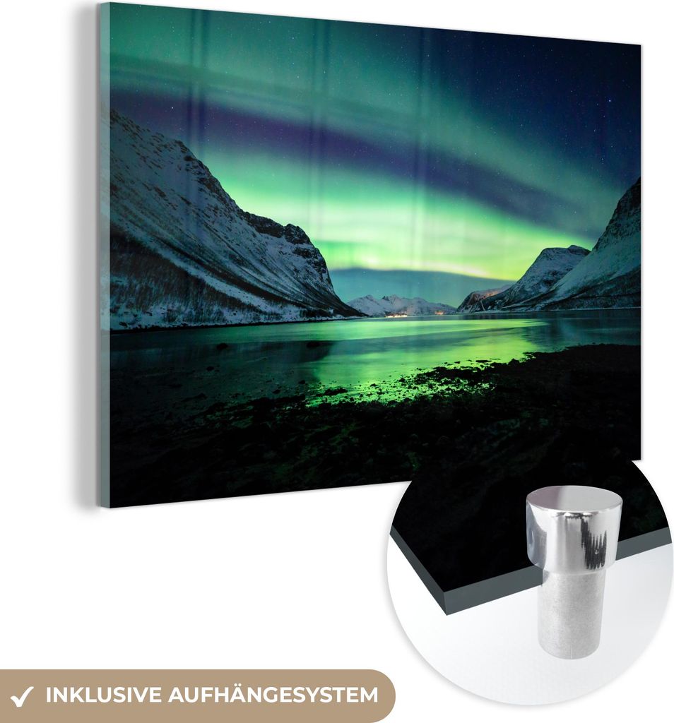 MuchoWow Glasbilder - Bilder auf Wandbild - Foto auf Glas Nordlicht - Norwegen - Eis - Gelb - Berg - Wasser - Schnee 60x40 cm Wanddekoration aus Gl...