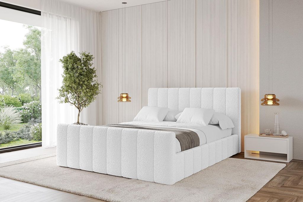 ALTDECOR Polsterbett mit Bettkasten - FINO-Z 140x200 Weiß - Bett mit Matratze H3/H4, Kopfteil und Fußteil, Boxbett, Doppelbett mit Stauraum