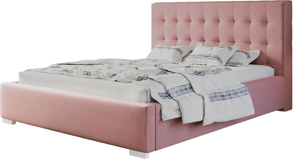 Polsterbett RIO mit Kopfteil, 200x200 cm, Doppelbett mit Bettkasten und Lattenrost aus Metal, Velourstoff, Farbe: Rosa