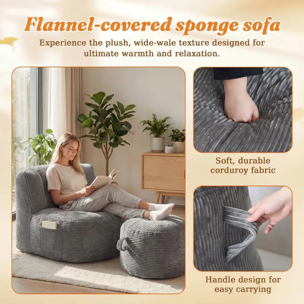 Fauteuil de chambre confortable gris en flanelle avec pouf rond de repos - 5