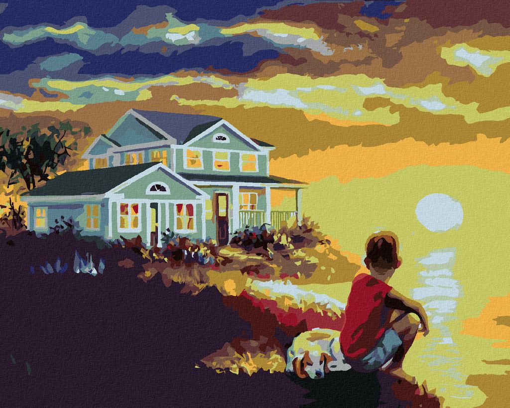 Zuty - Malen nach Zahlen - JUNGE MIT HUND AM MEER UND SONNENUNTERGANG (D. RUSTY RUST), 40x50 cm, ohne Keilrahmen