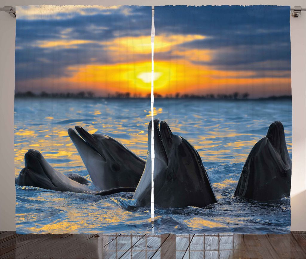 ABAKUHAUS Tier Rustikaler Vorhang, Bottle Nosed Dolphins, Wohnzimmer Universalband Gardinen mit Schlaufen und Haken, 280 x 175 cm, Blau Grau Orange