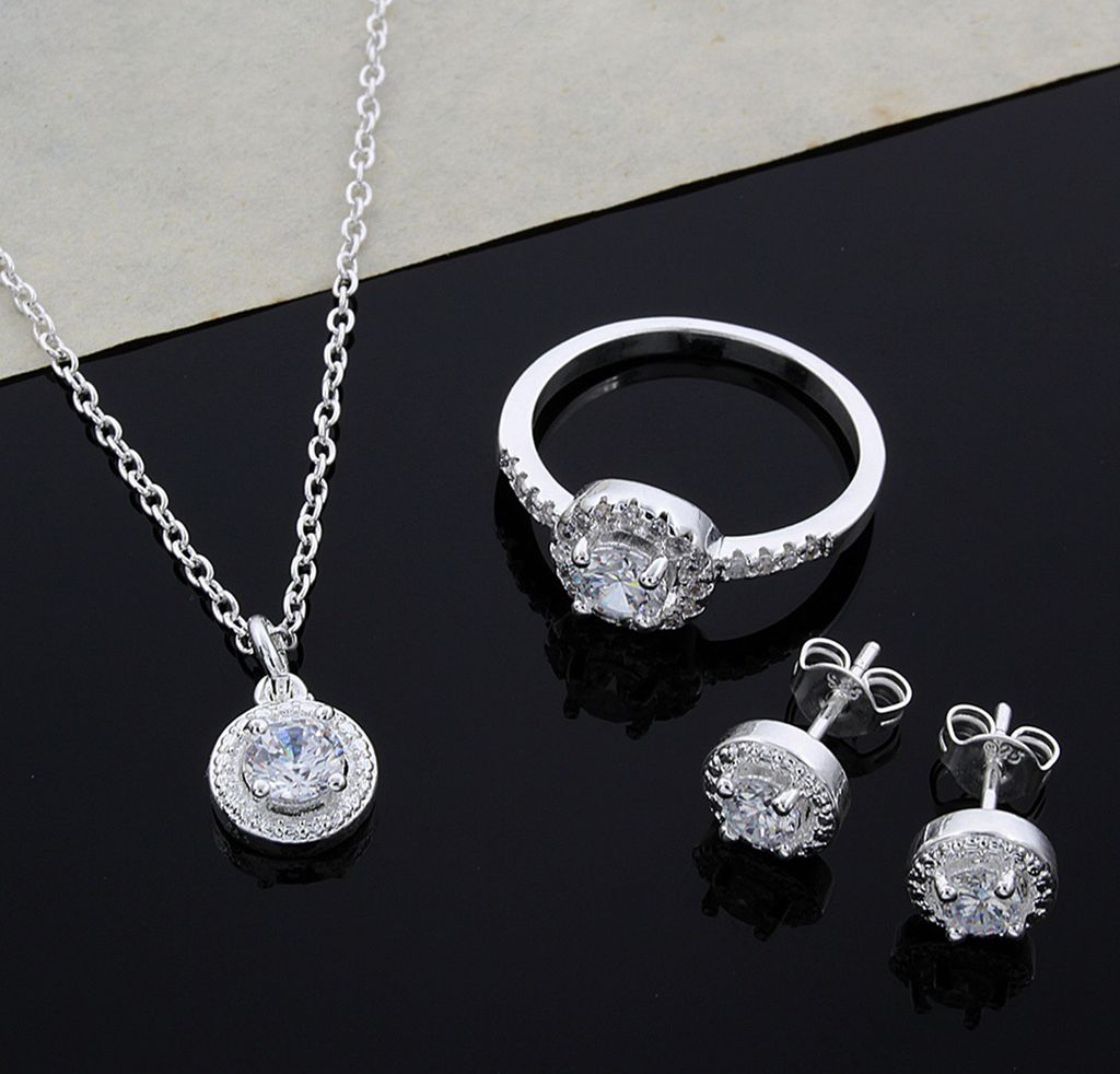 1 Set Damen-Schmuckset, elegant, glänzend, temperamentvoll, glitzernd, galvanisiert, Geschenk, Zirkonia-Anhänger, Halskette, Ohrstecker, Ring-Set...