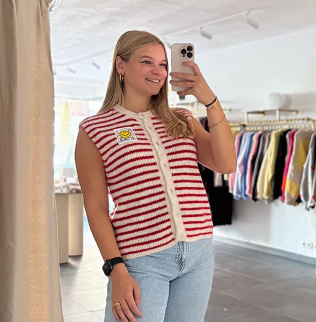 Strickweste gestreift Damen "Alina" Weiß mit roten Streifen mit Knopfleiste, Frauen Westen, Westen Outdoor Frau, ärmellos Strick Weste mit Smiley