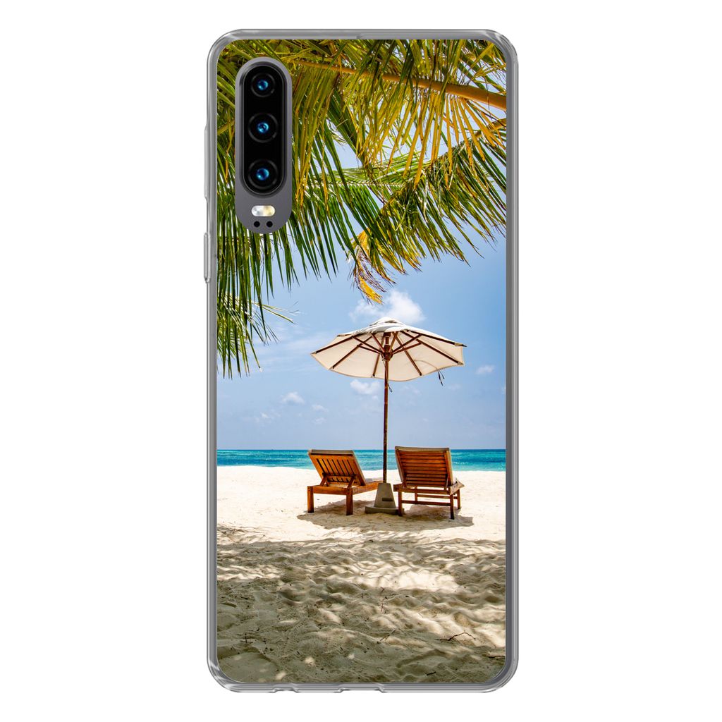 MuchoWow Handyhülle Schutzhülle Hülle für Huawei P30 Strandkorb - Sonnenschirm - Palme Silikon Softcase Handy Hülle - Kartenbesitzer
