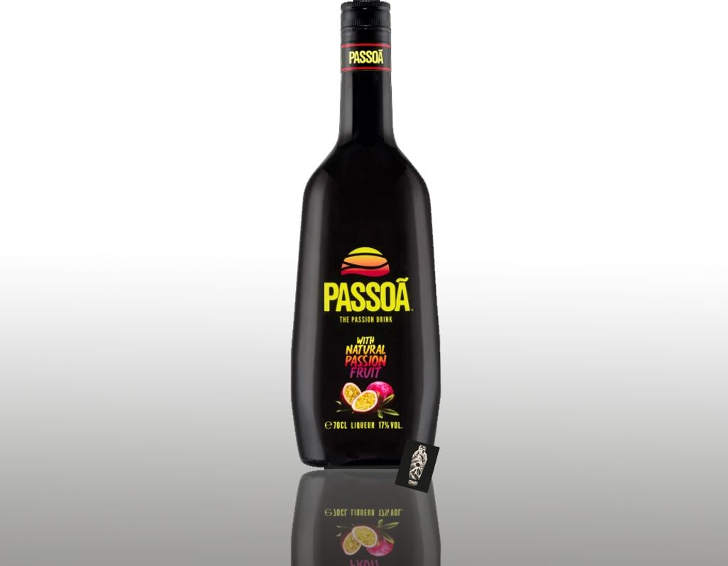 A bottle of Passoa liqueur with passion fruit.