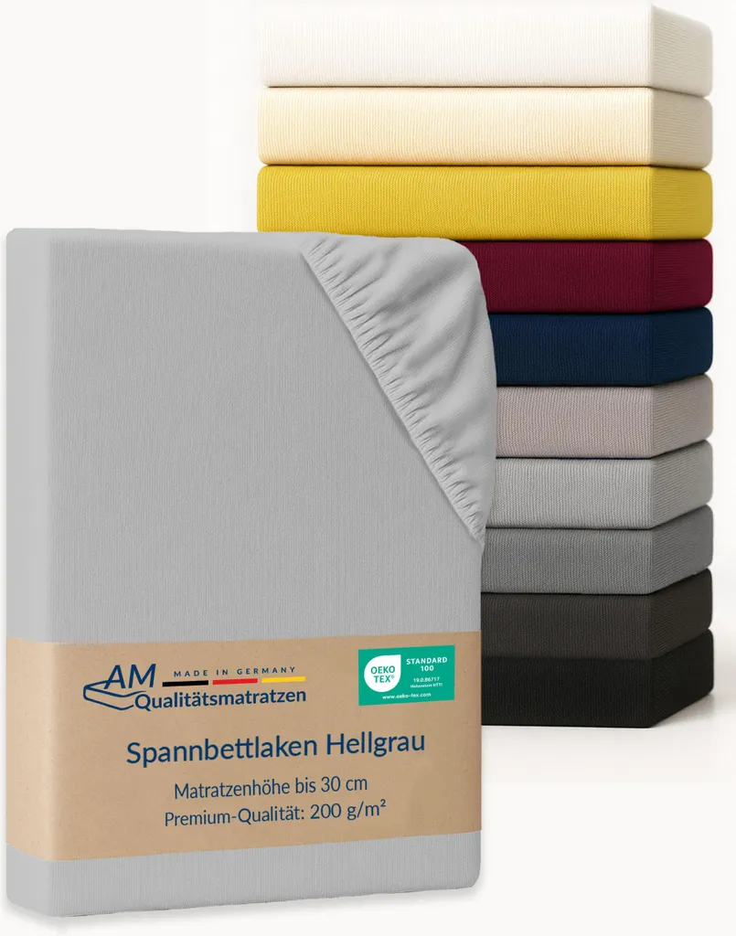 AM Qualitätsmatratzen | Lenzuolo matrimoniale Premium 200x210 cm | Cotone (200 g/m²) in grigio chiaro | Germany | Lenzuolo OEKO TEX | Lenzuolo matrimoniale in jersey | Lenzuola a pieghe | Cotone |200 x 210 cm