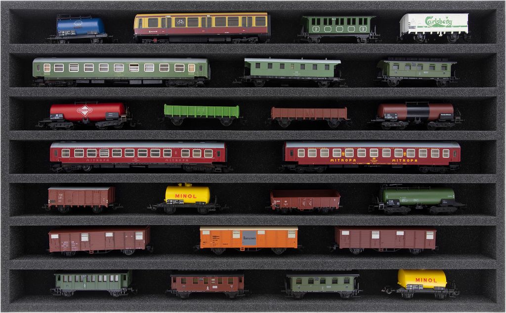 Schaumstoffeinlage für Modelleisenbahn Spur TT, liegend, 7 Stege