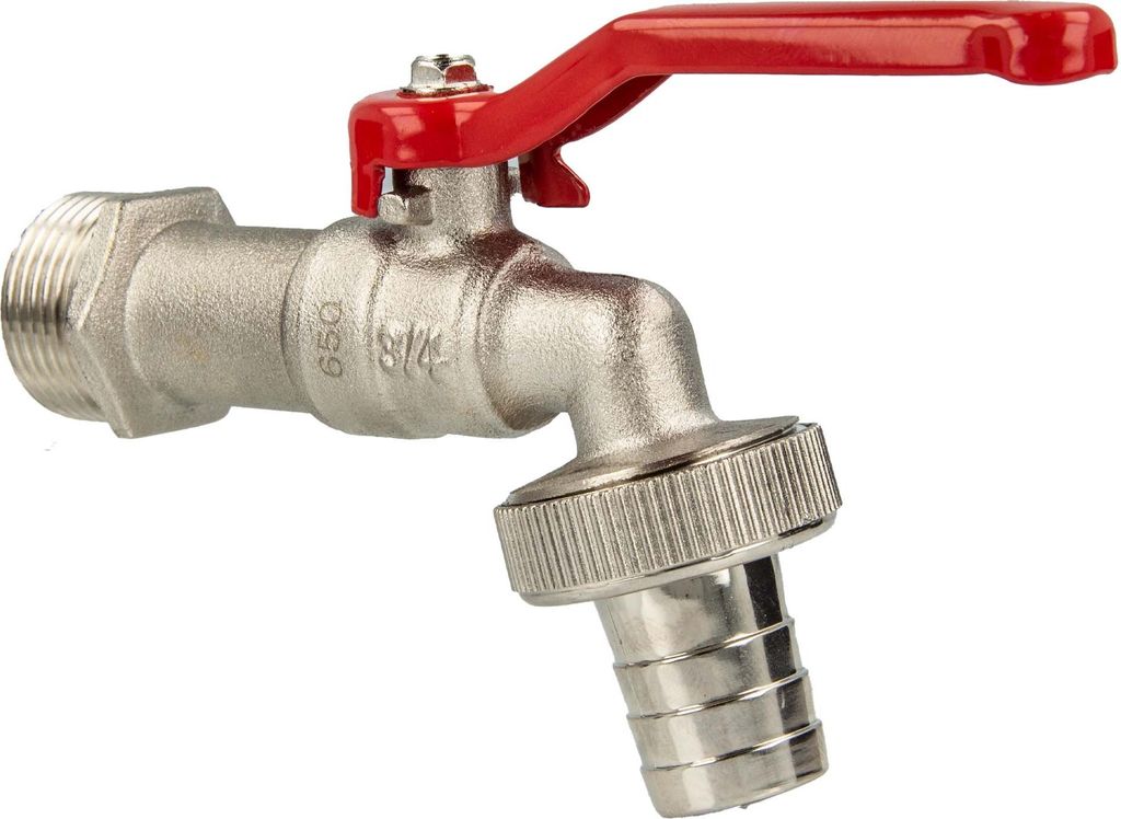 tecuro Kugelauslaufhahn Griff rot, 3/4 Zoll, mit Schlauchtülle und Dichtband, MS vernickelt