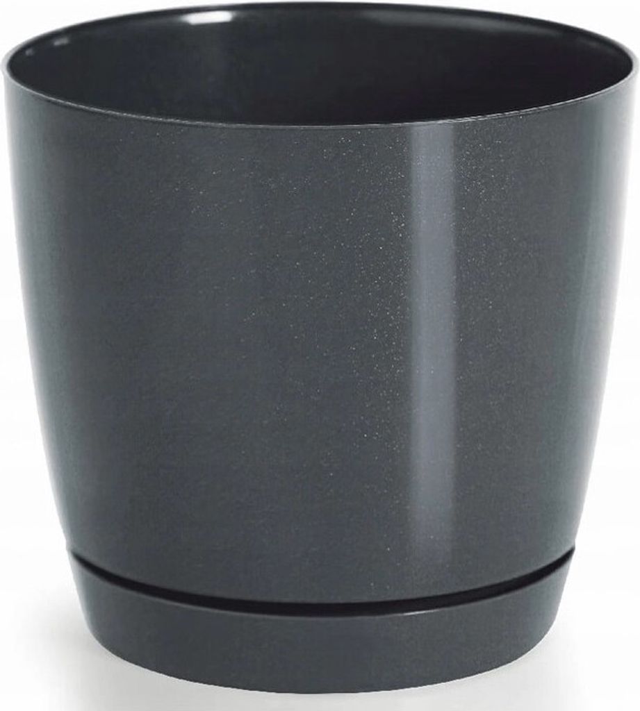 A dark gray plant pot with a saucer, isolated on a white background.