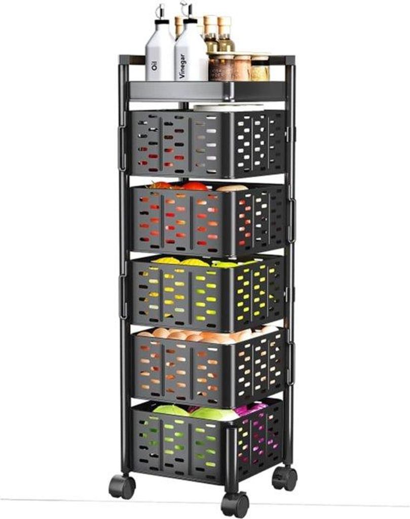 Keuken- und Büro-Servierwagen, 5 Ebenen, schwarz, vierkant, extra dickes Stahl, magnetisches Design