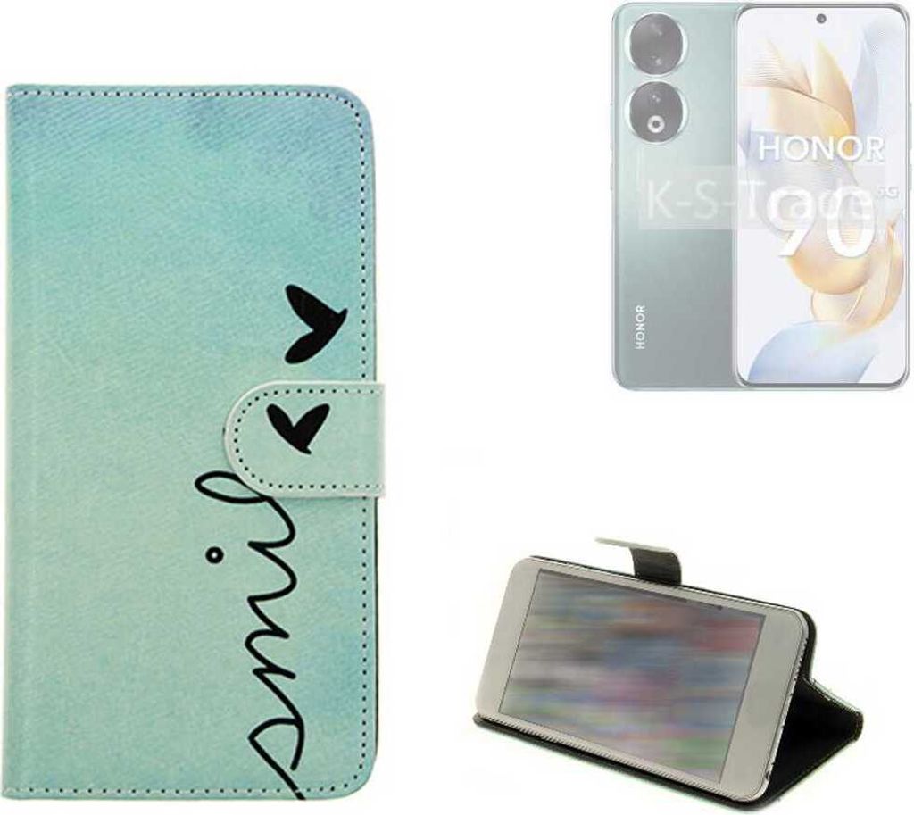 K-S-Trade Schutz Hülle Handy Hülle kompatibel mit Honor 90 Pro Hülle Handyhülle cover bookstyle Etui Handyhülle “smile“ türkis Standfunktion