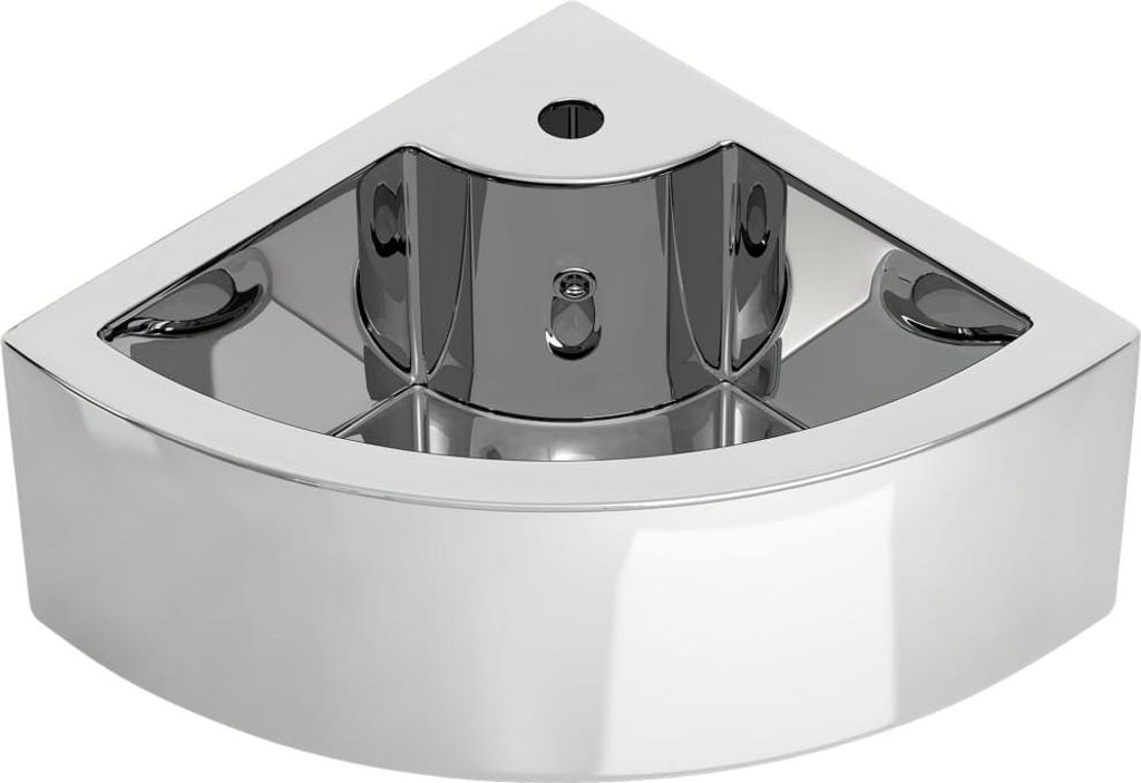 A silver ceramic corner sink is shown against a white background.