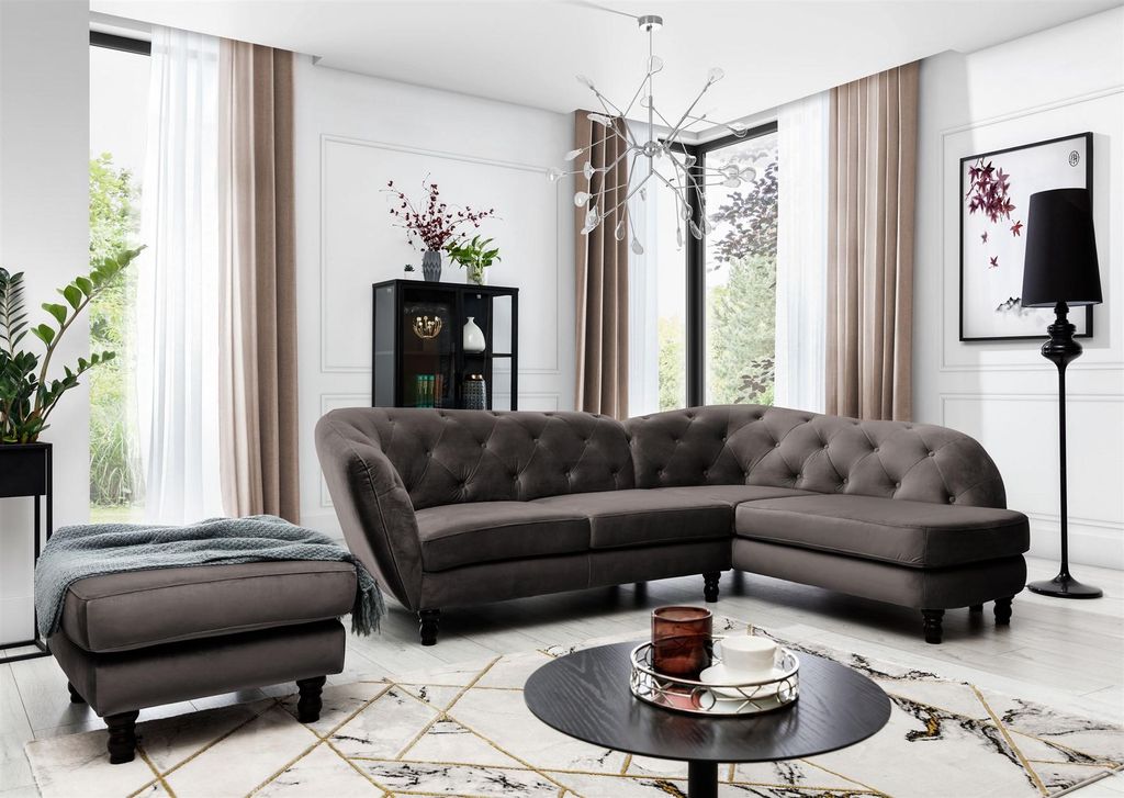 Ecksofa inkl.Hocker CHARLOTTE in Stoff Matt Velvet Braun Ottomane Rechts