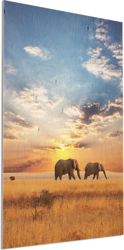 DEQORI Holzbild 60x90 cm 'Elefanten in der Steppe' Bild auf Holz Wandbild Kunstdruck
